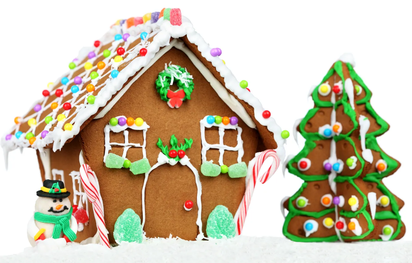 Photo wallpaper house, holiday, balls, tree, new year, cake, snowman, Christmas toys