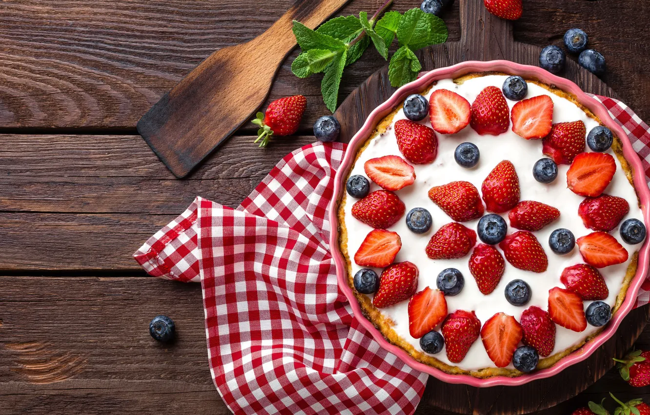 Photo wallpaper berries, strawberry, pie, fabric, mint, blueberries