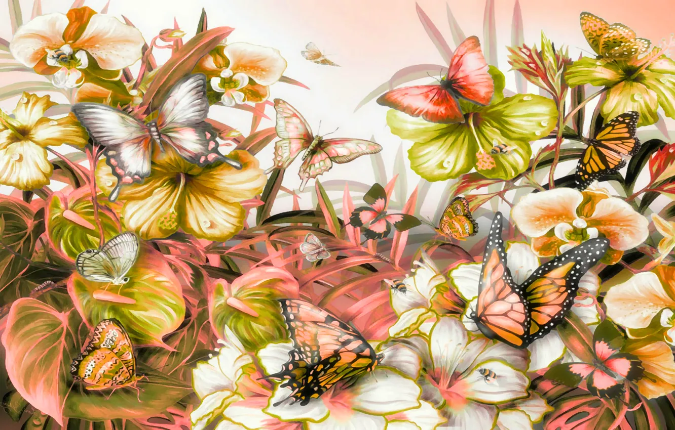 Photo wallpaper leaves, butterfly, flowers, nature, plants, moth