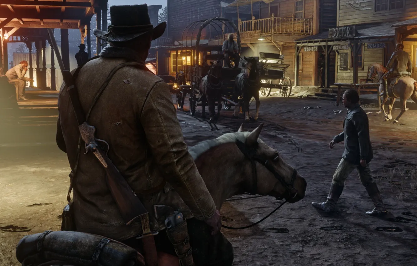 Photo wallpaper the city, gun, horse, hat, coach, cowboy, the gun, revolver