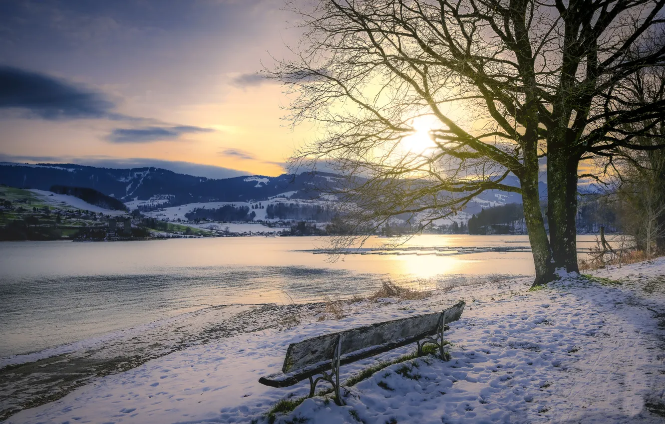 Photo wallpaper winter, sunset, river