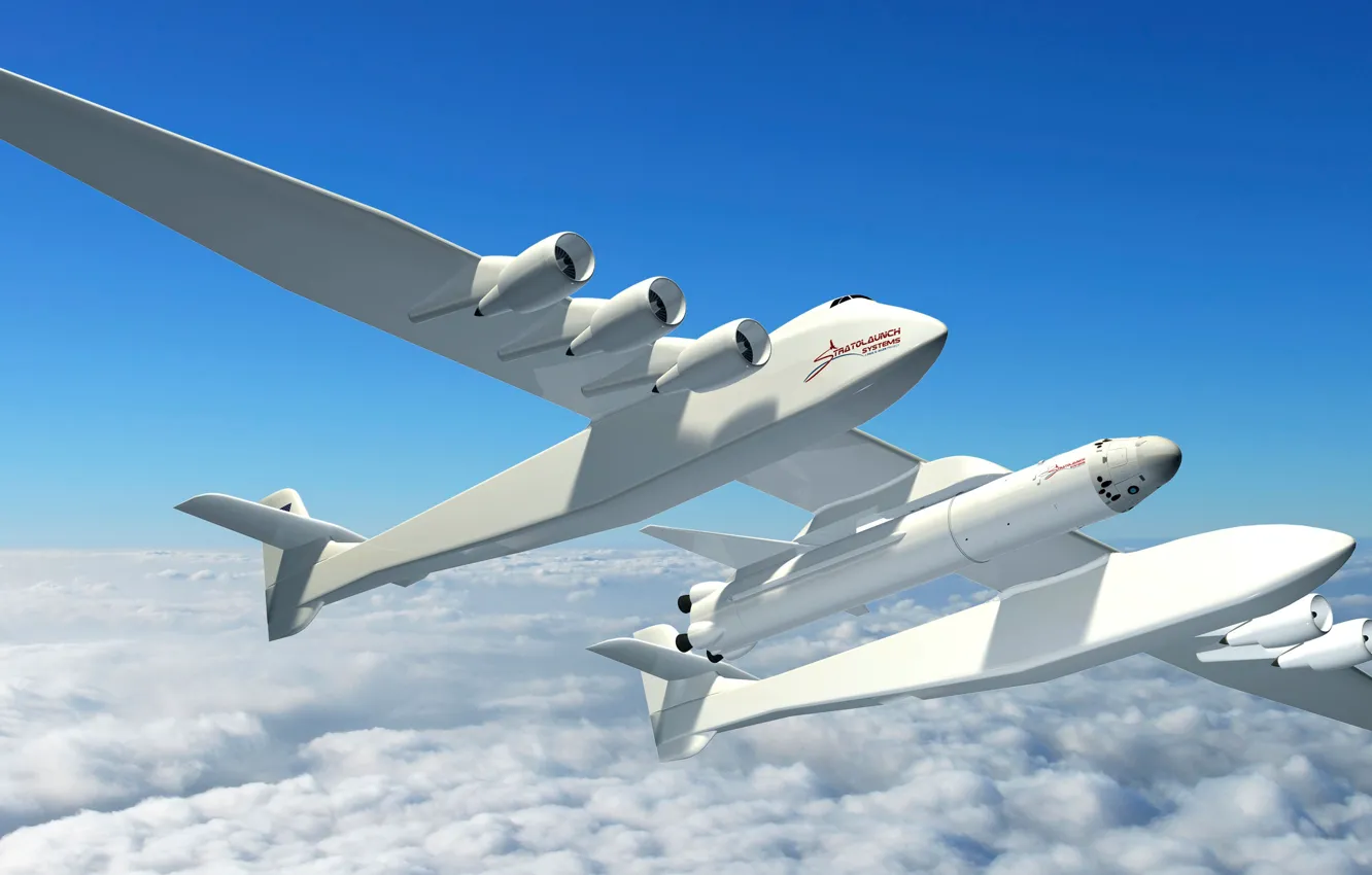 Photo wallpaper Clouds, The plane, Rocket, The plane, Flies, 351, Stratolaunch, Stratolaunch Model 351