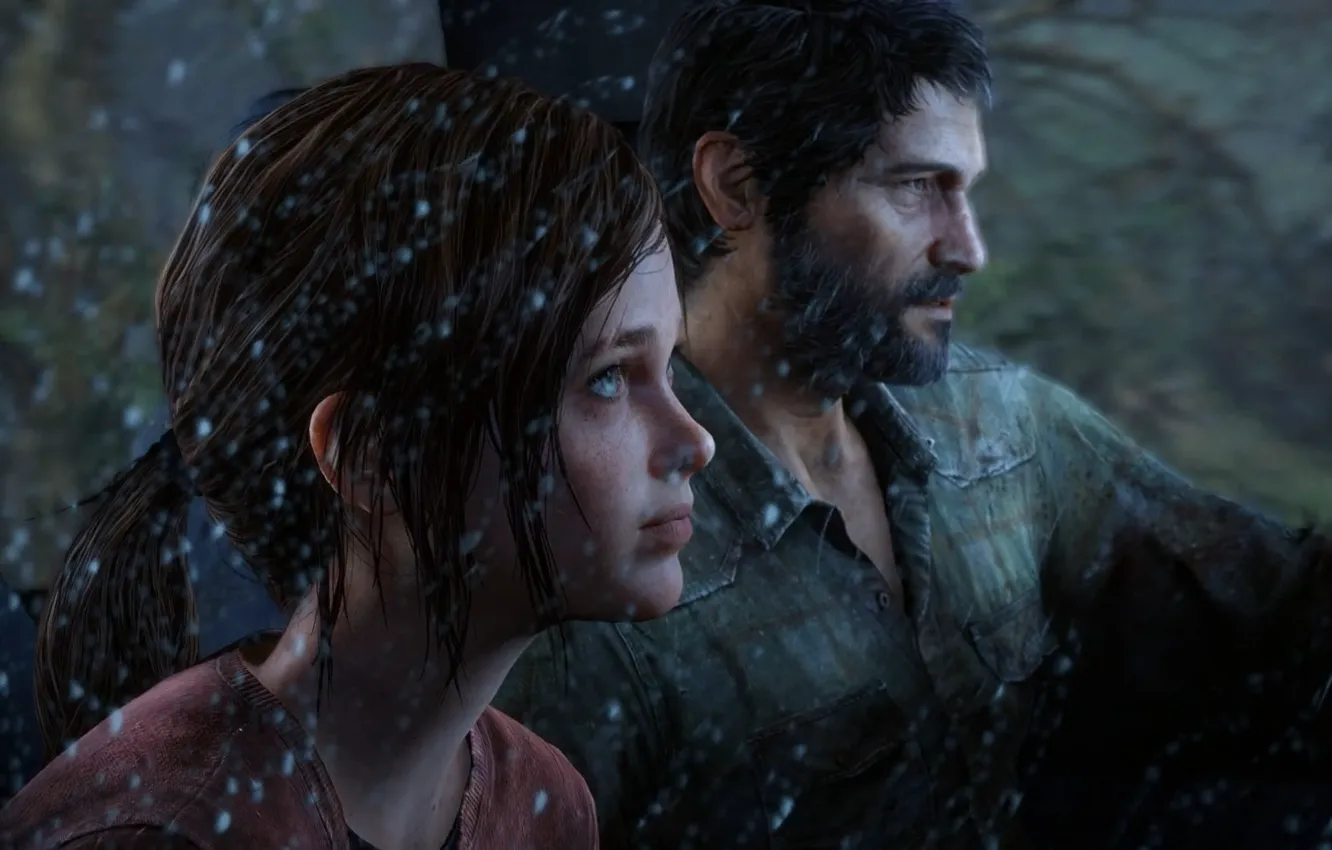 Photo wallpaper car, girl, game, forest, Blizzard, snow, man, The Last of Us