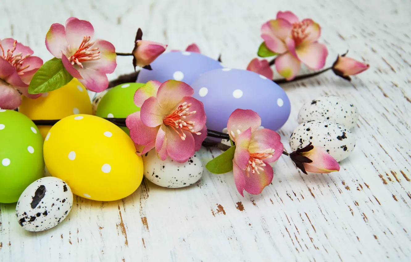 Photo wallpaper flowers, eggs, colorful, Easter, happy, wood, pink, blossom