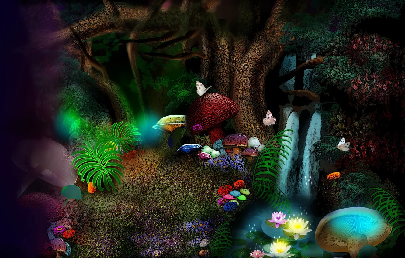 Photo wallpaper flowers, butterfly, mushrooms, flowers, mushrooms, fantasy art, butterflies, magic forest