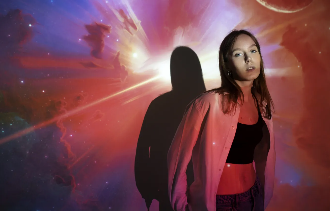 Photo wallpaper woman, young, standing, Projection, universe-