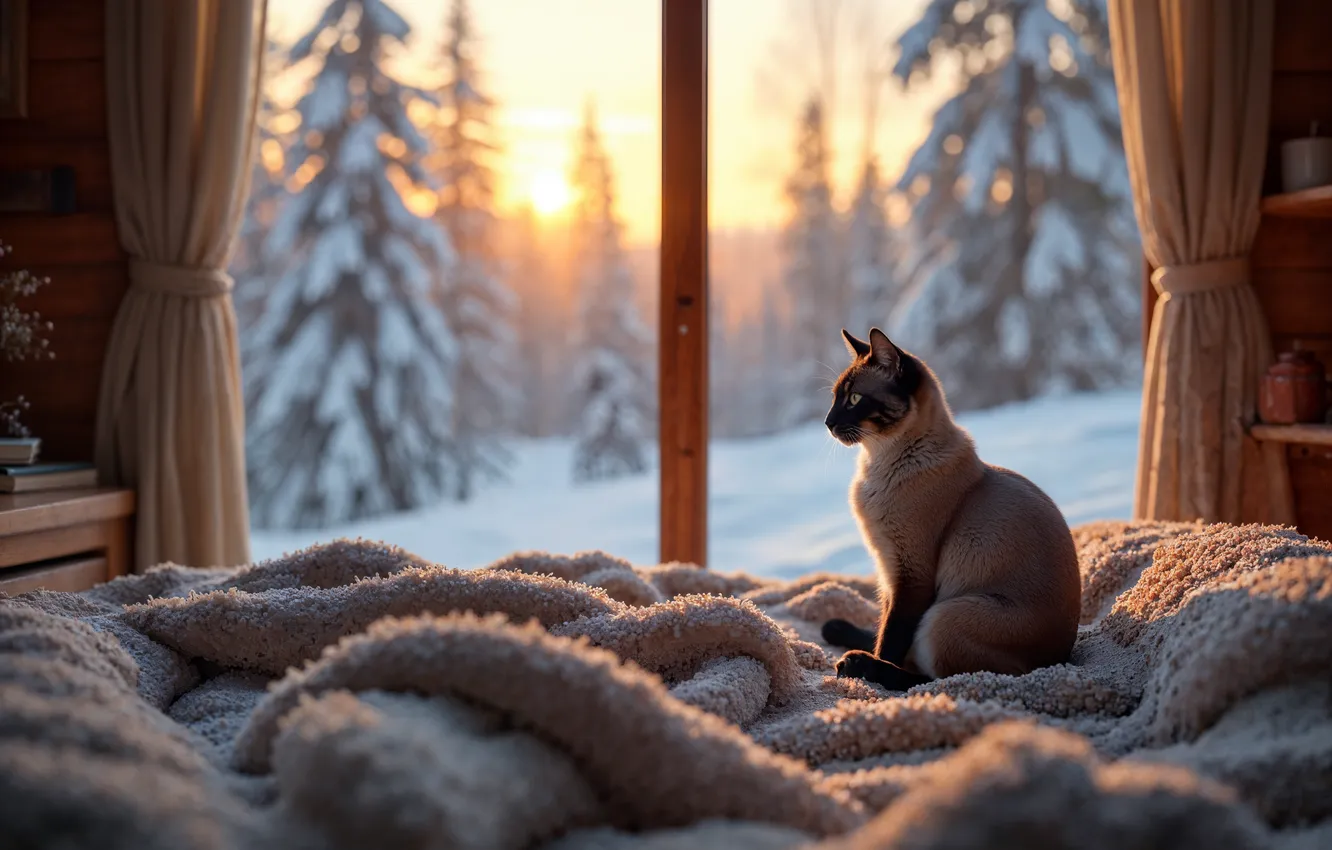 Photo wallpaper winter, cat, snow, trees, comfort, window, plaid, cat