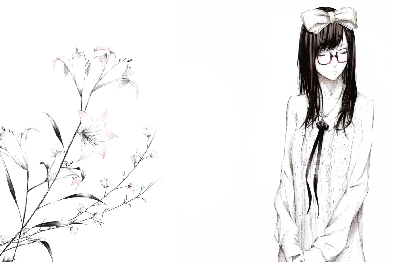 Photo wallpaper flowers, figure, Lily, Girl, glasses, bow, art, Sawasawa