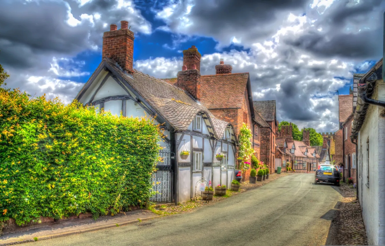 Photo wallpaper clouds, street, England, home, treatment, the bushes, Little Budworth