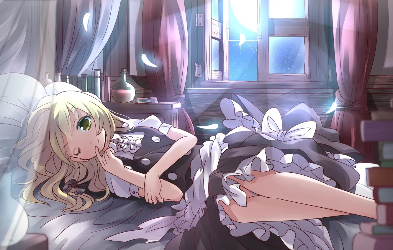 Photo wallpaper girl, night, room, the moon, bed, window, art, book