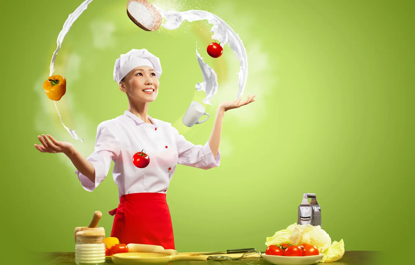 Photo wallpaper girl, smile, kitchen, cook, Asian, vegetables, tomatoes, cabbage