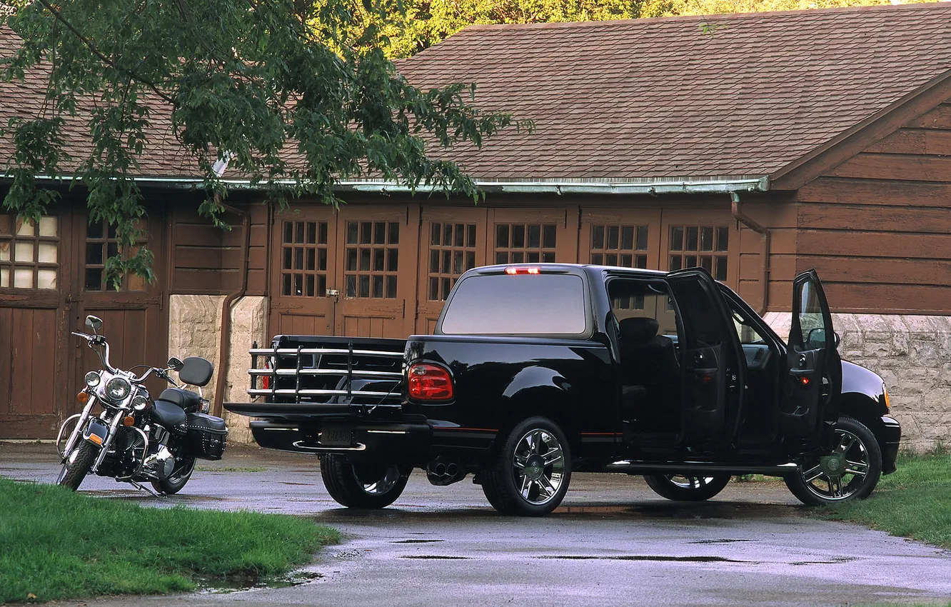Photo wallpaper black, Ford, motorcycle, Ford, pickup, Harley-Davidson, F-150, SuperCrew