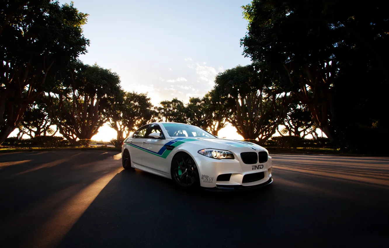 Photo wallpaper white, the sky, clouds, trees, sunset, bmw, BMW, white
