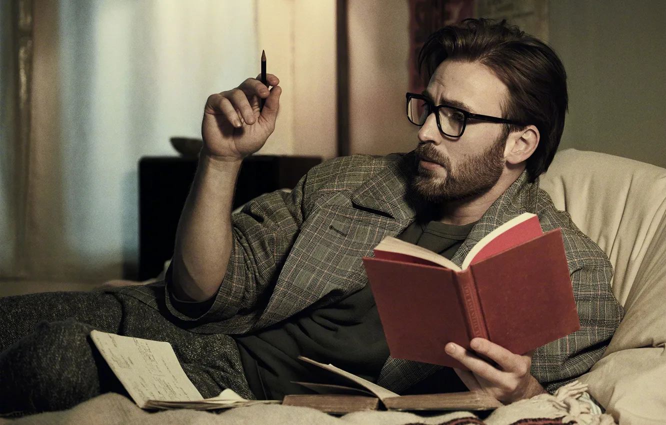 Photo wallpaper glasses, book, male, Chris Evans, For Esquire