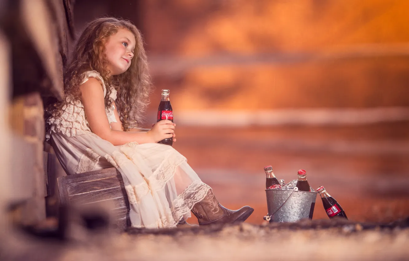 Photo wallpaper mood, dress, girl, bottle, red, curls, redhead, Coca-Cola
