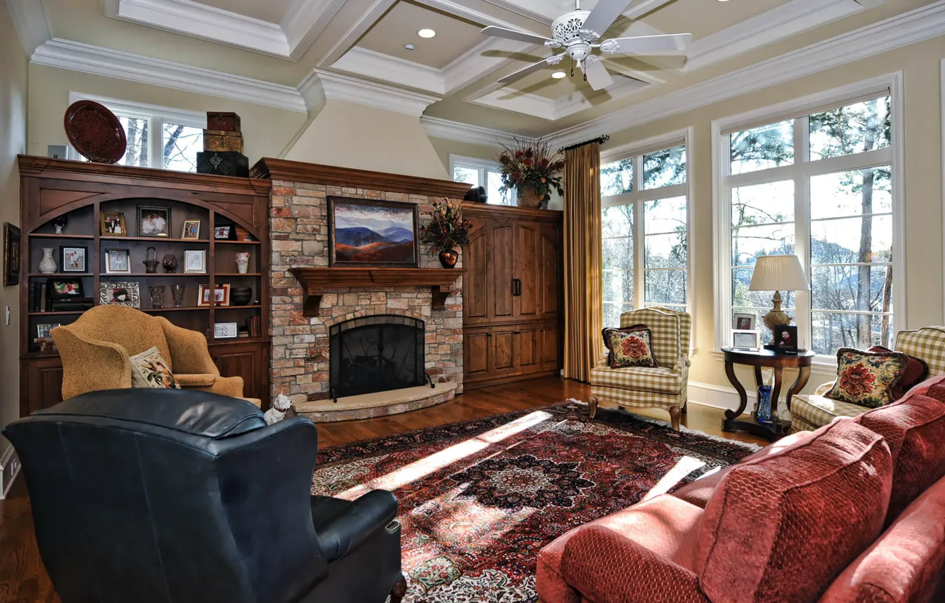 Photo wallpaper room, interior, fireplace, living room