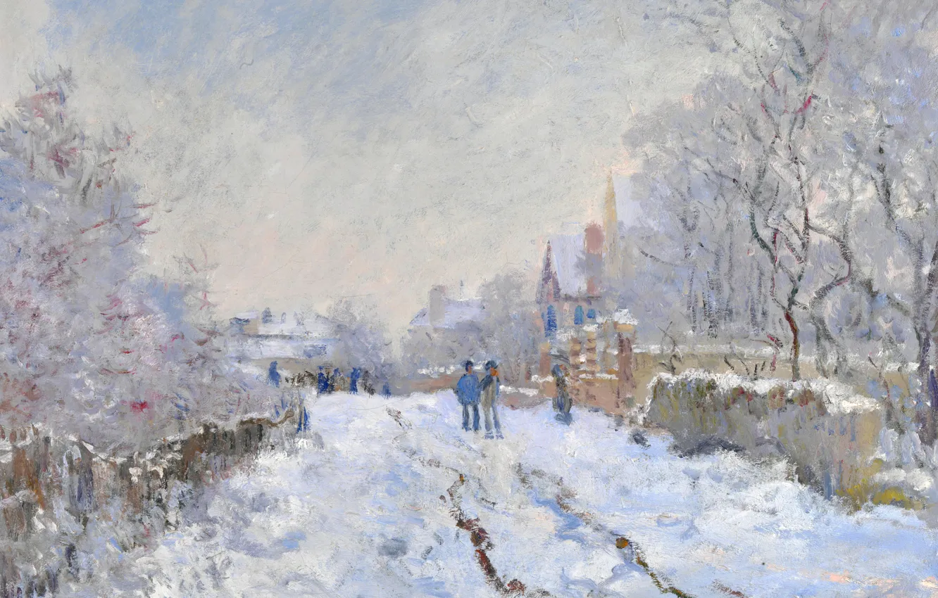 Photo wallpaper winter, landscape, picture, Claude Monet, Snow Scene at Argenteuil