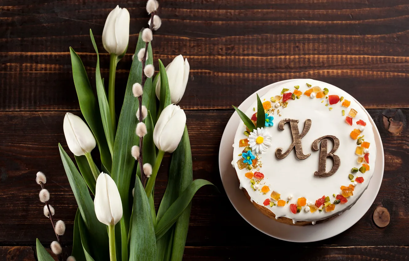 Photo wallpaper Easter, tulips, cake, Verba