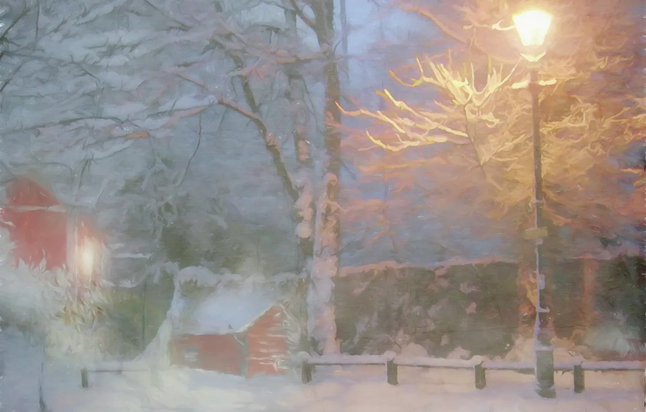 Photo wallpaper winter, snow, trees, street, the evening, Fox, lantern, house