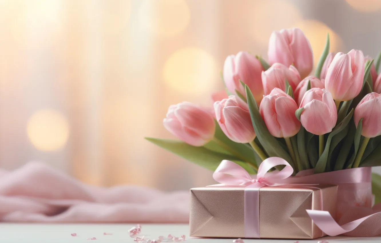Photo wallpaper flowers, birthday, box, gift, bouquet, spring, Easter, tulips