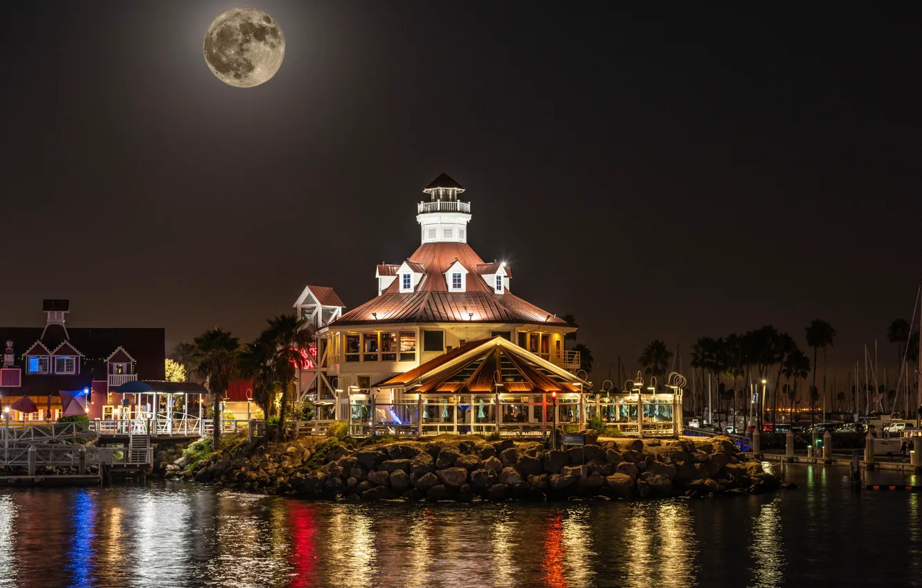 Photo wallpaper night, the city, photo, USA, shoreline, Village in Long Beach
