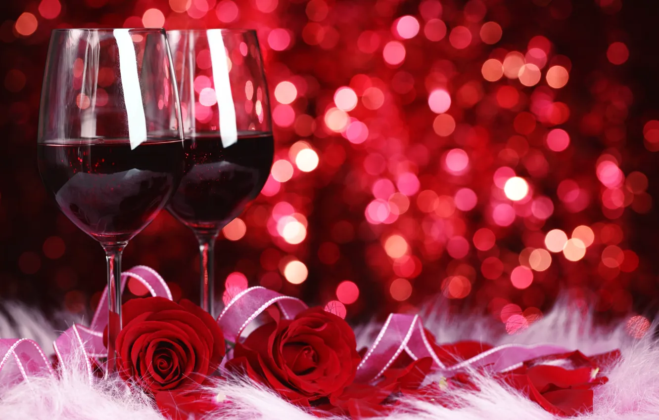 Photo wallpaper flowers, wine, red, roses, glasses, red, bokeh
