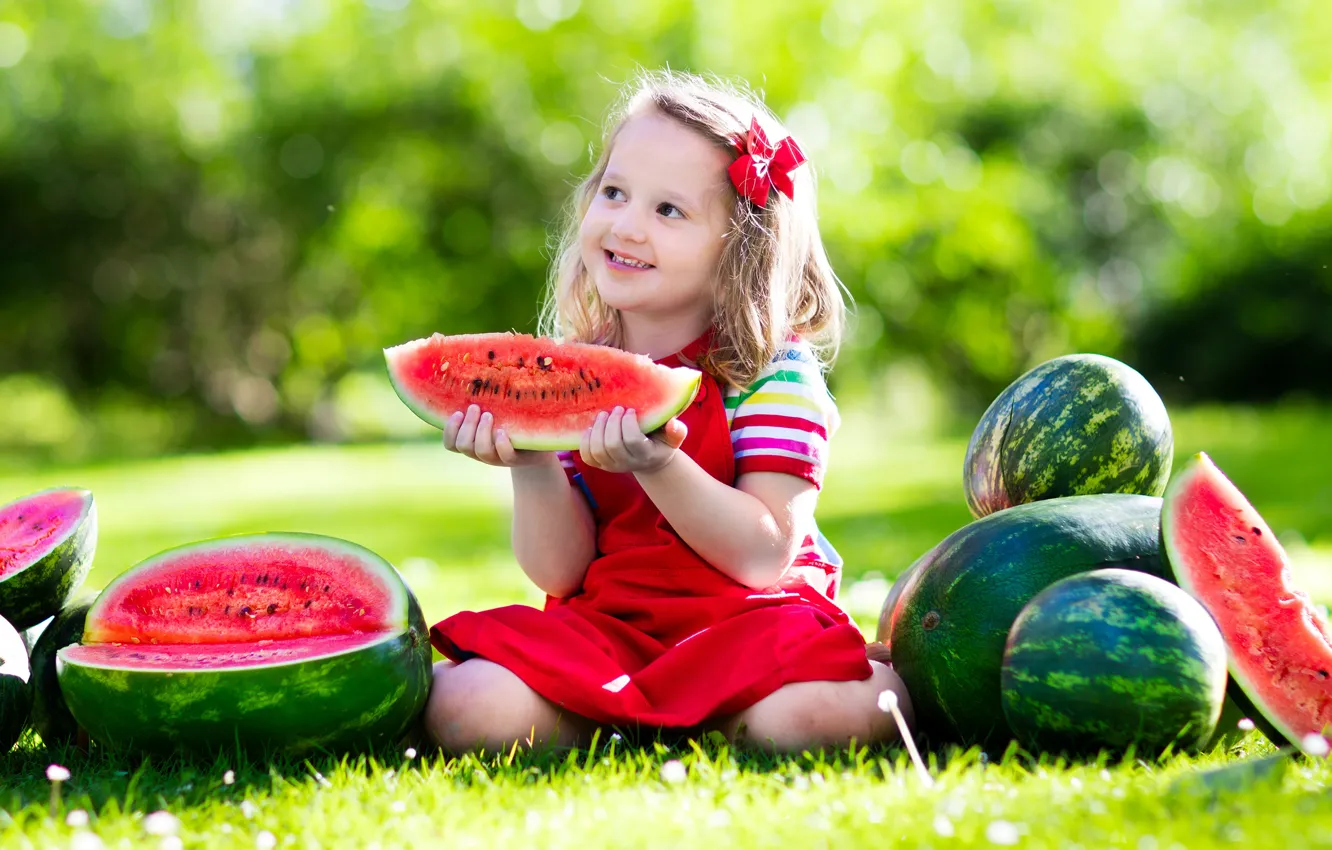 Photo wallpaper summer, grass, the sun, joy, smile, child, watermelon, bow