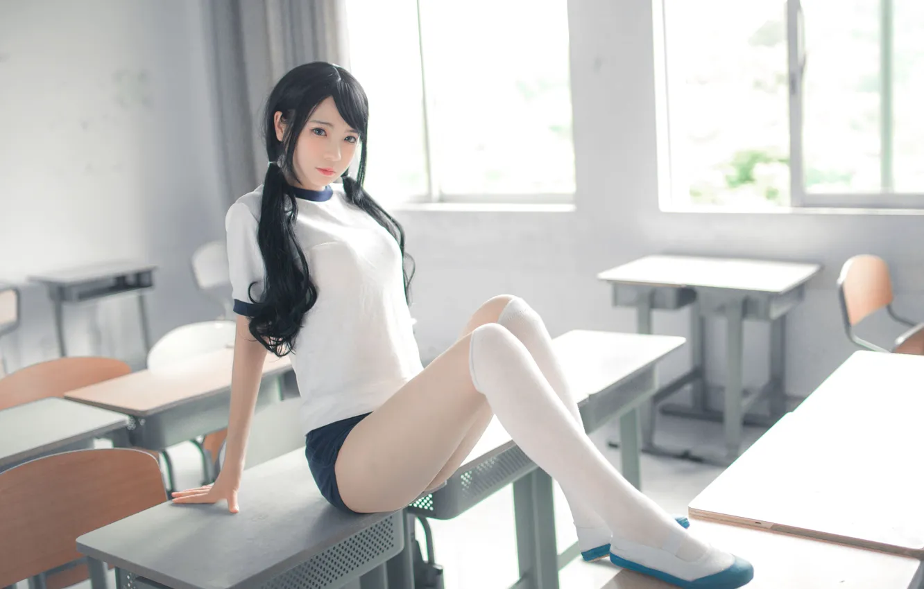 Photo wallpaper long hair, legs, twintails, model, school, women, asian, t-shirt