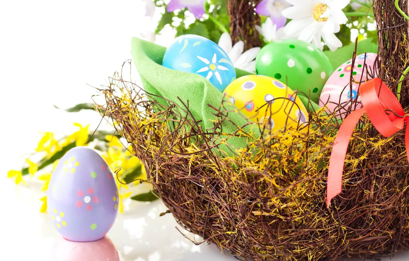 Photo wallpaper flowers, holiday, basket, eggs, spring, Easter, tape, Easter