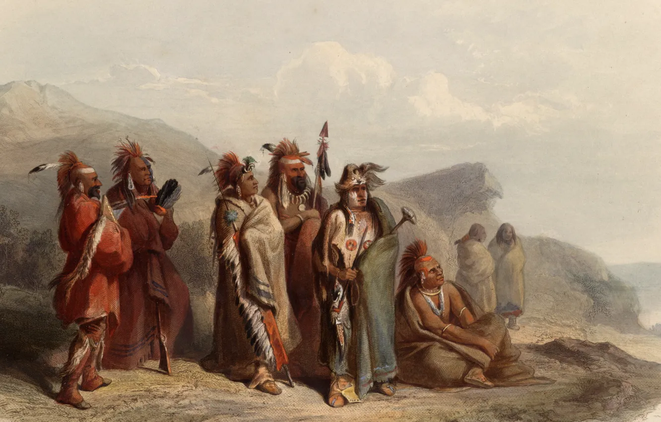Photo wallpaper picture, painting, painting, 1831, Karl Bodmer, Bodmer, Sauki and Musquake or Fox