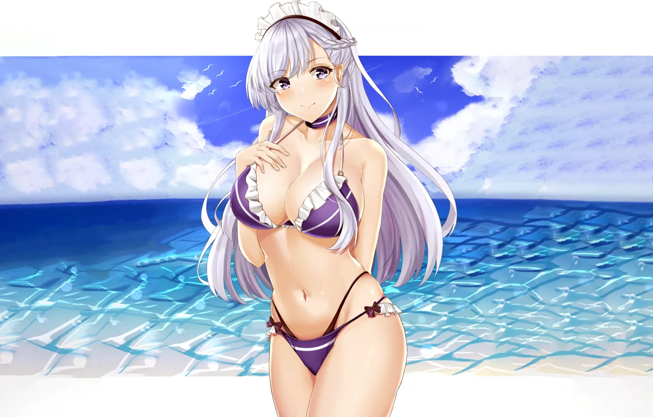 Photo wallpaper girl, sexy, cleavage, beach, long hair, sea, boobs, anime