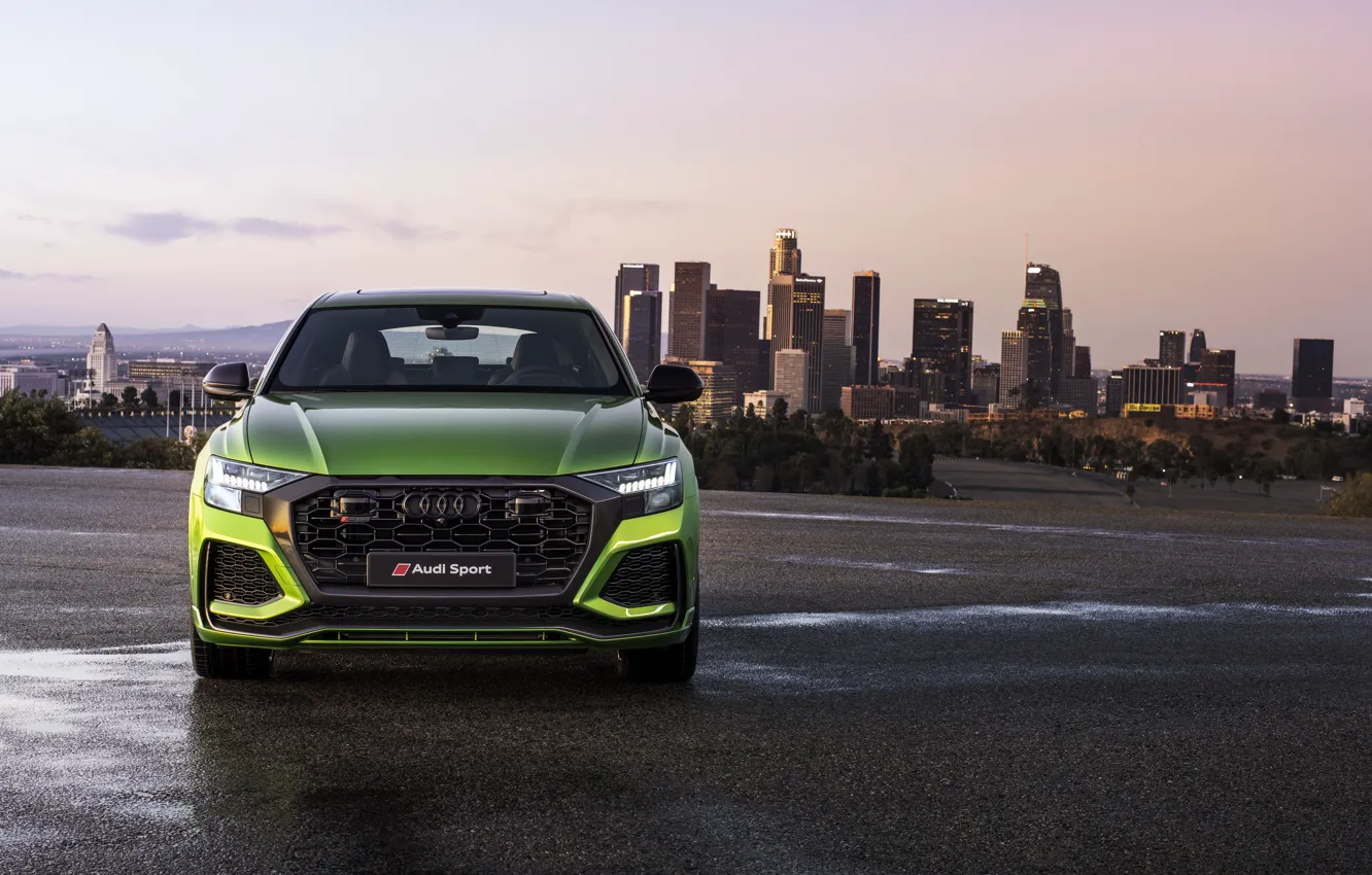 Photo wallpaper sunset, the city, Audi, front view, crossover, 2020, RS Q8