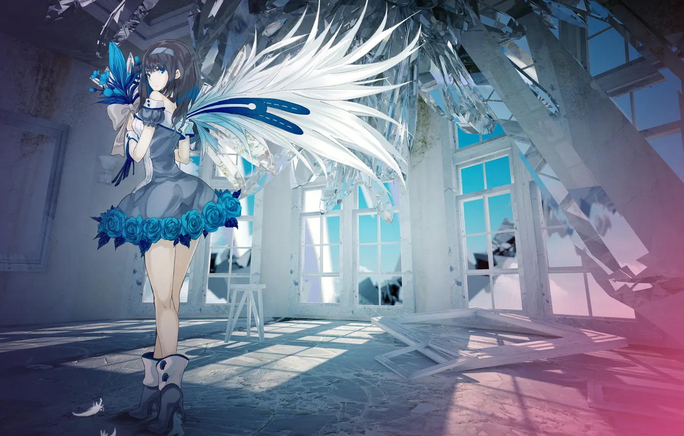 Photo wallpaper girl, flowers, room, roses, bouquet, feathers, window, art