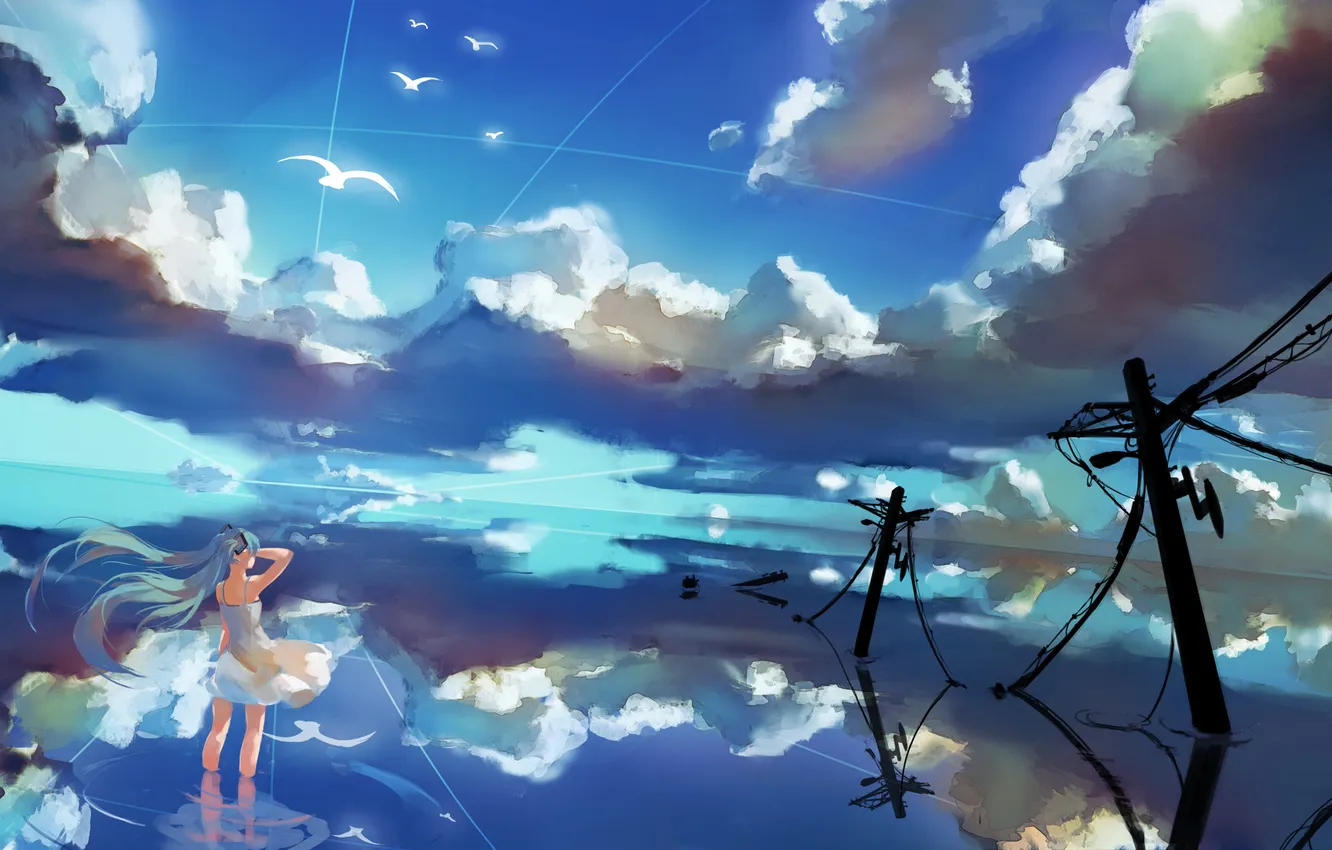 Photo wallpaper the sky, water, girl, clouds, birds, reflection, wire, art