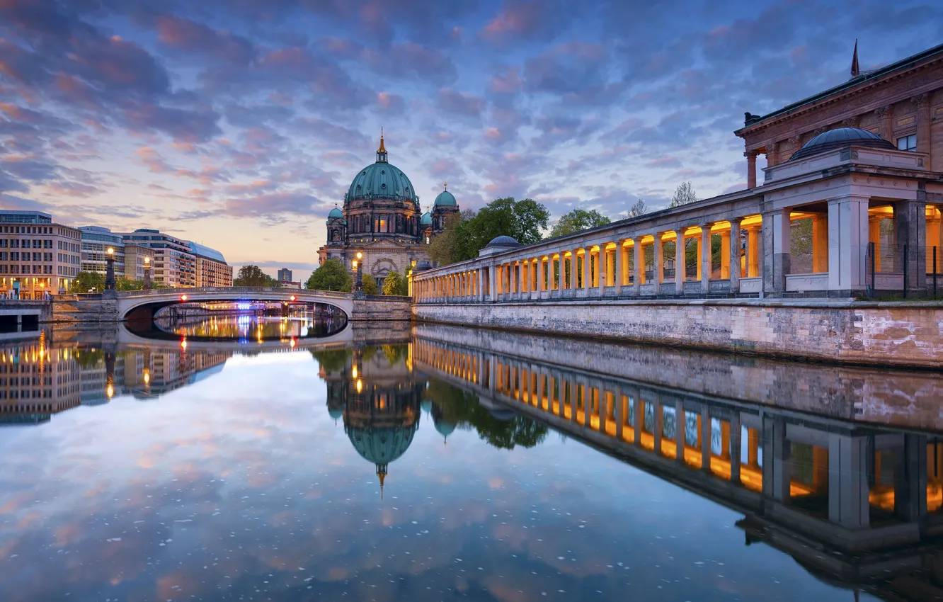 Photo wallpaper bridge, lights, reflection, river, Germany, Cathedral, Berlin