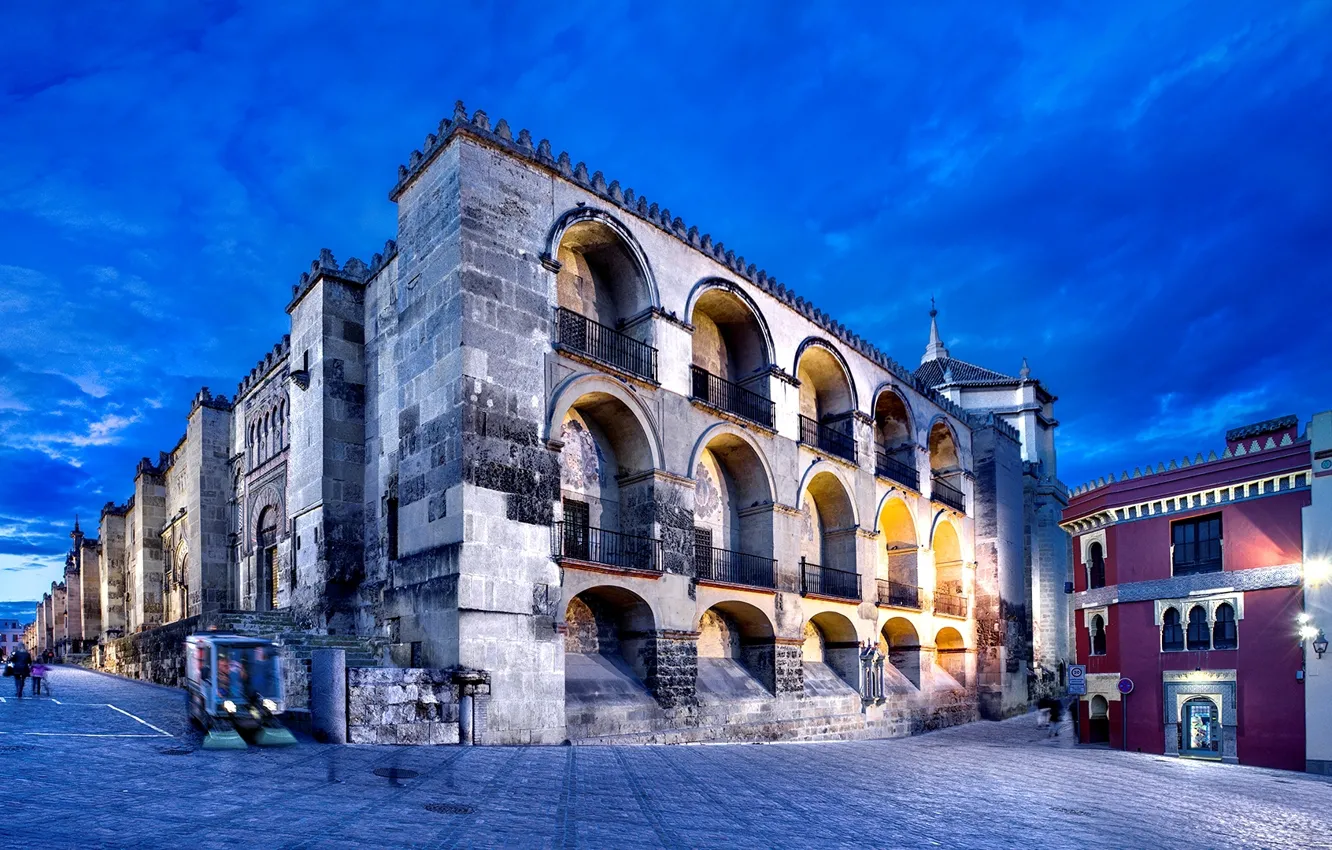 Photo wallpaper the city, street, people, the evening, lighting, Spain, Andalusia, Mosque of Cordoba