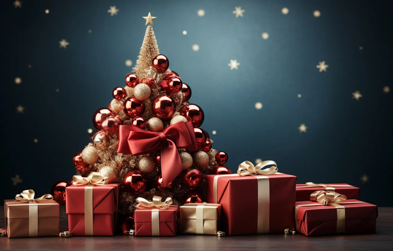 Photo wallpaper gift, tree, new year, Christmas, Christmas, tree, decoration, Gift Boxes