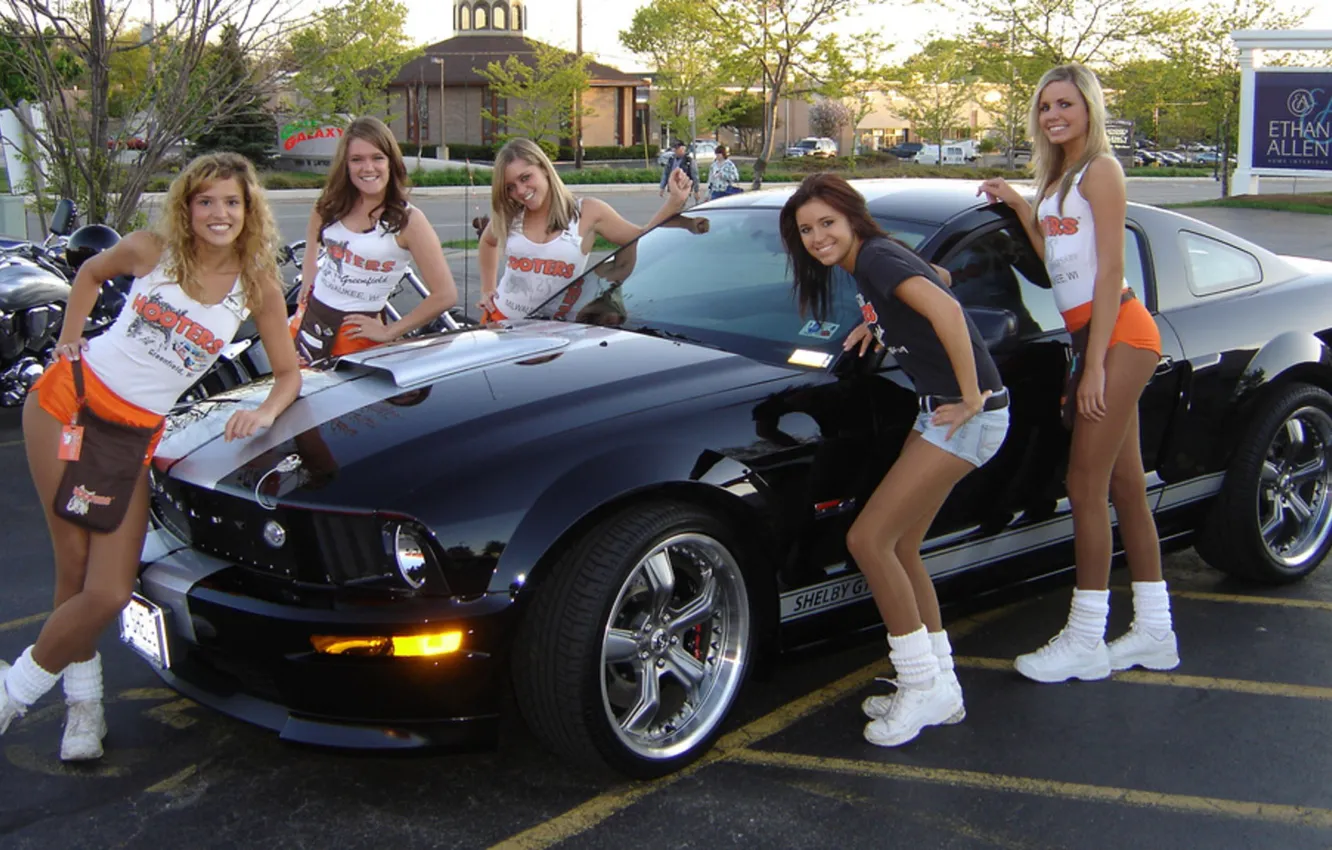 Photo wallpaper look, girl, smile, Ford, black car