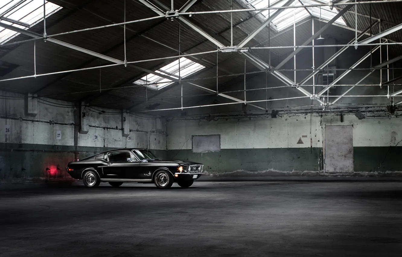 Photo wallpaper Mustang, Ford, Muscle, Car, Classic, Black, Fastback, Warehouse