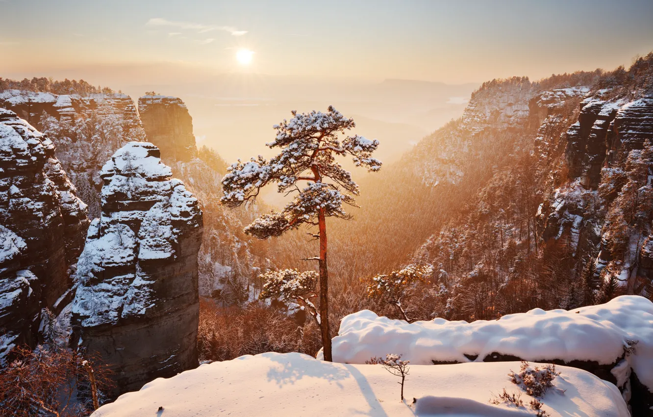Photo wallpaper winter, the sun, light, snow, mountains, rocks, Germany