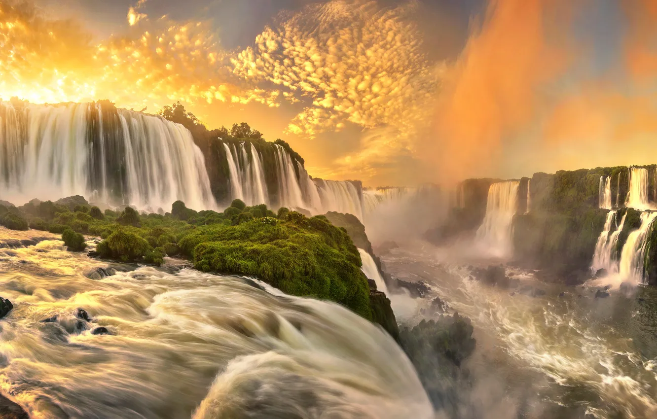 Photo wallpaper river, sunrise, dawn, panorama, waterfalls, Brazil, cascade, Iguazu Falls