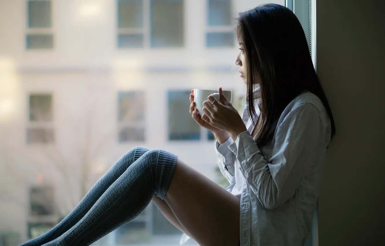 Photo wallpaper reverie, window, legs, knee, Julia, daydreaming, a Cup of coffee