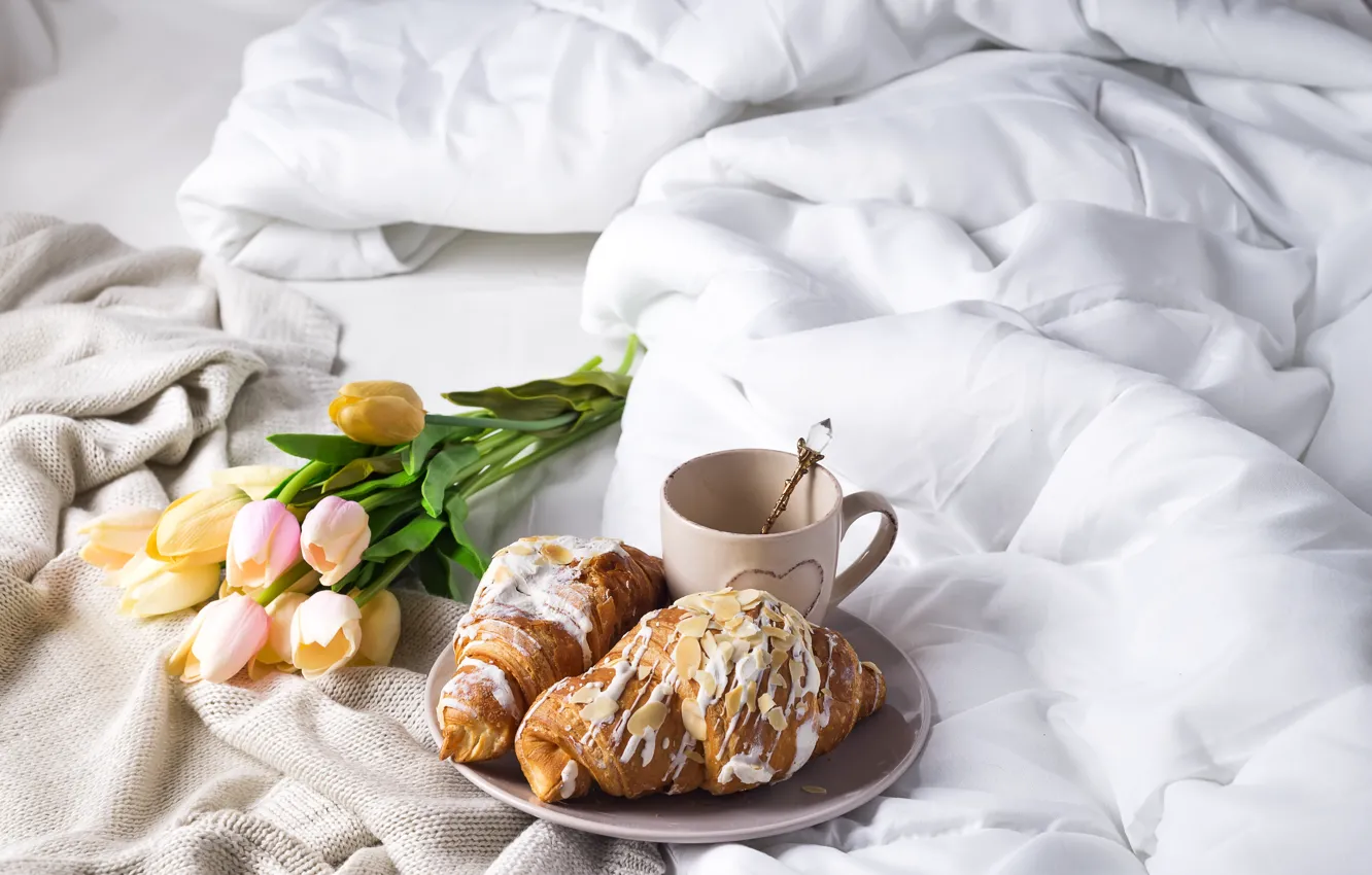 Photo wallpaper coffee, Cup, bed, tulips, romantic, tulips, coffee cup, croissants