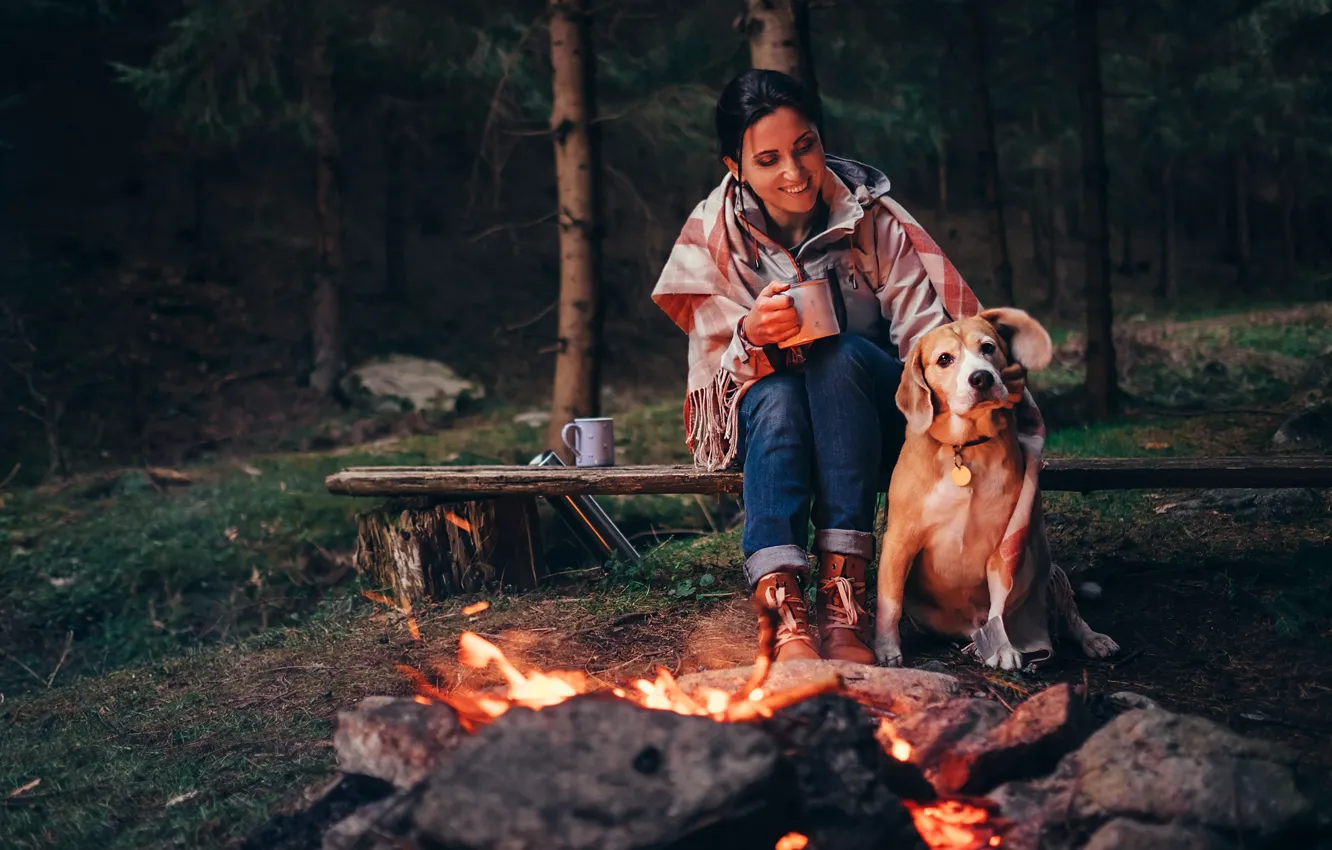 Photo wallpaper forest, girl, trees, lights, dog, the evening, the fire, Cup