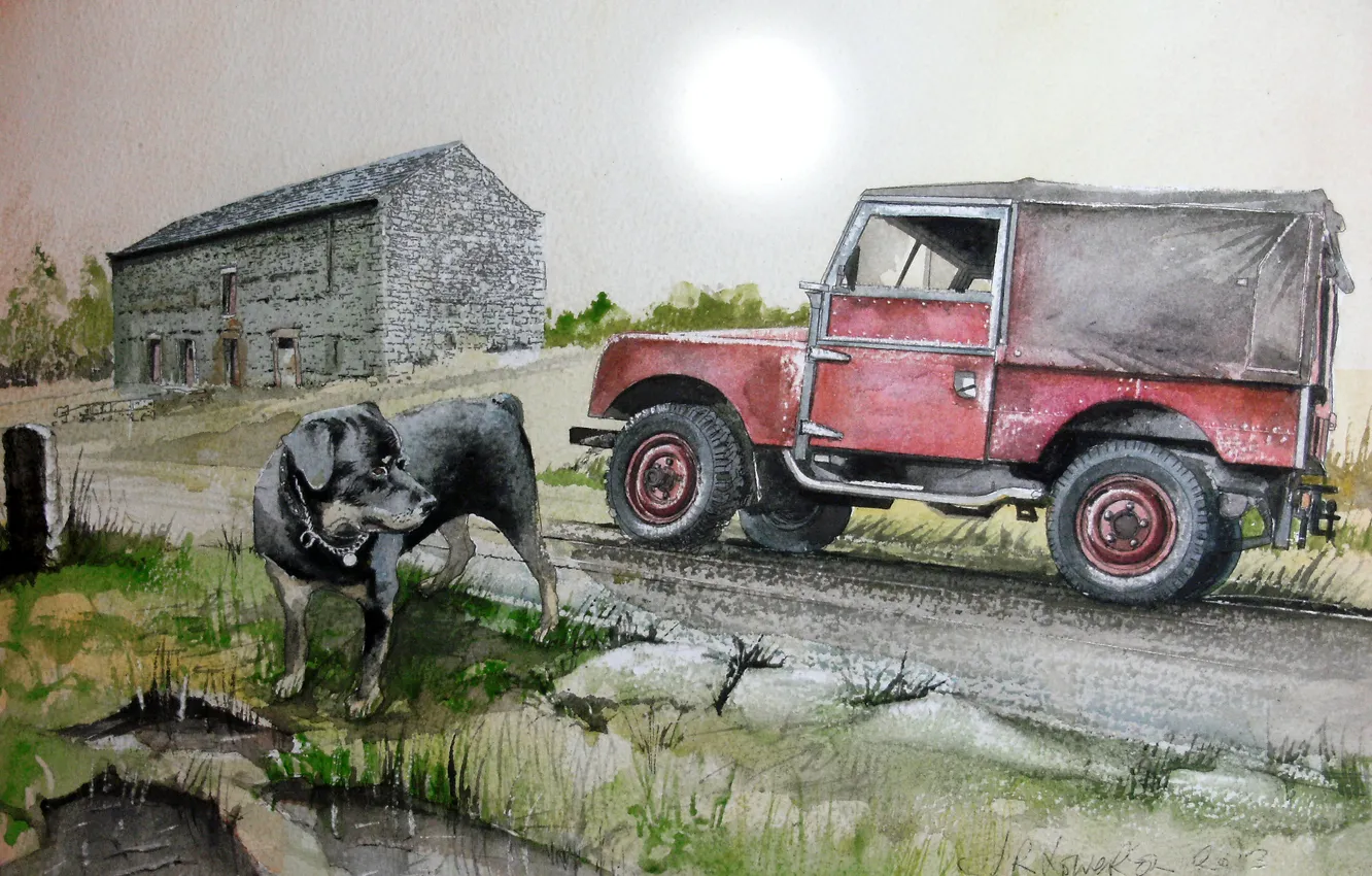 Photo wallpaper road, machine, figure, dog, SUV, Land Rover, painting, Series 1