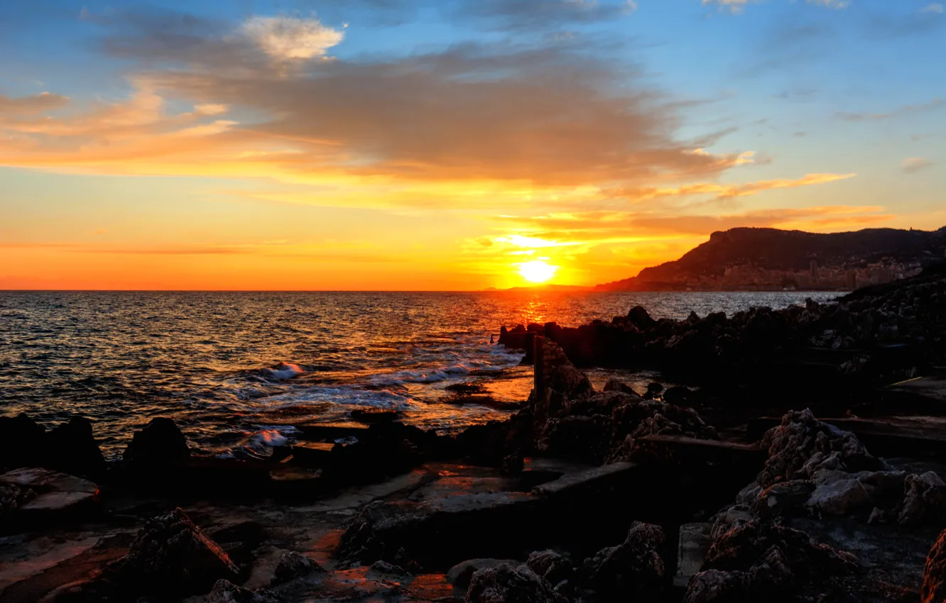 Photo wallpaper sea, sunset, sunrise, stones, coast, Monaco, Monte-Carlo