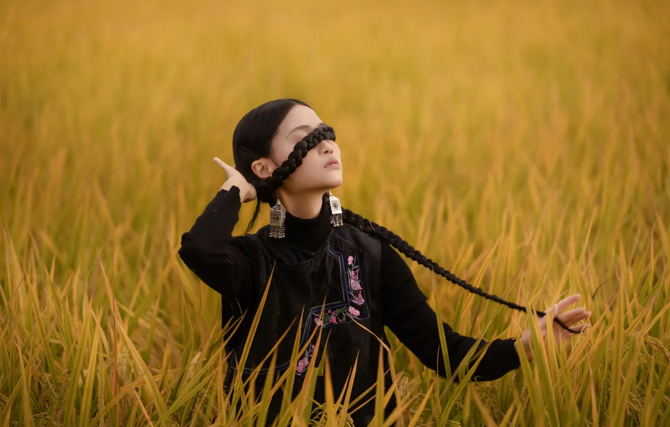 Photo wallpaper field, look, girl, nature, pose, Asian, Nick Vison
