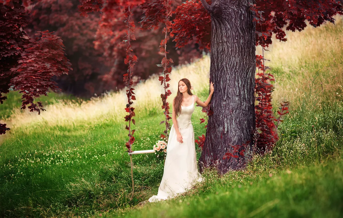 Photo wallpaper girl, trees, swing, Red forest