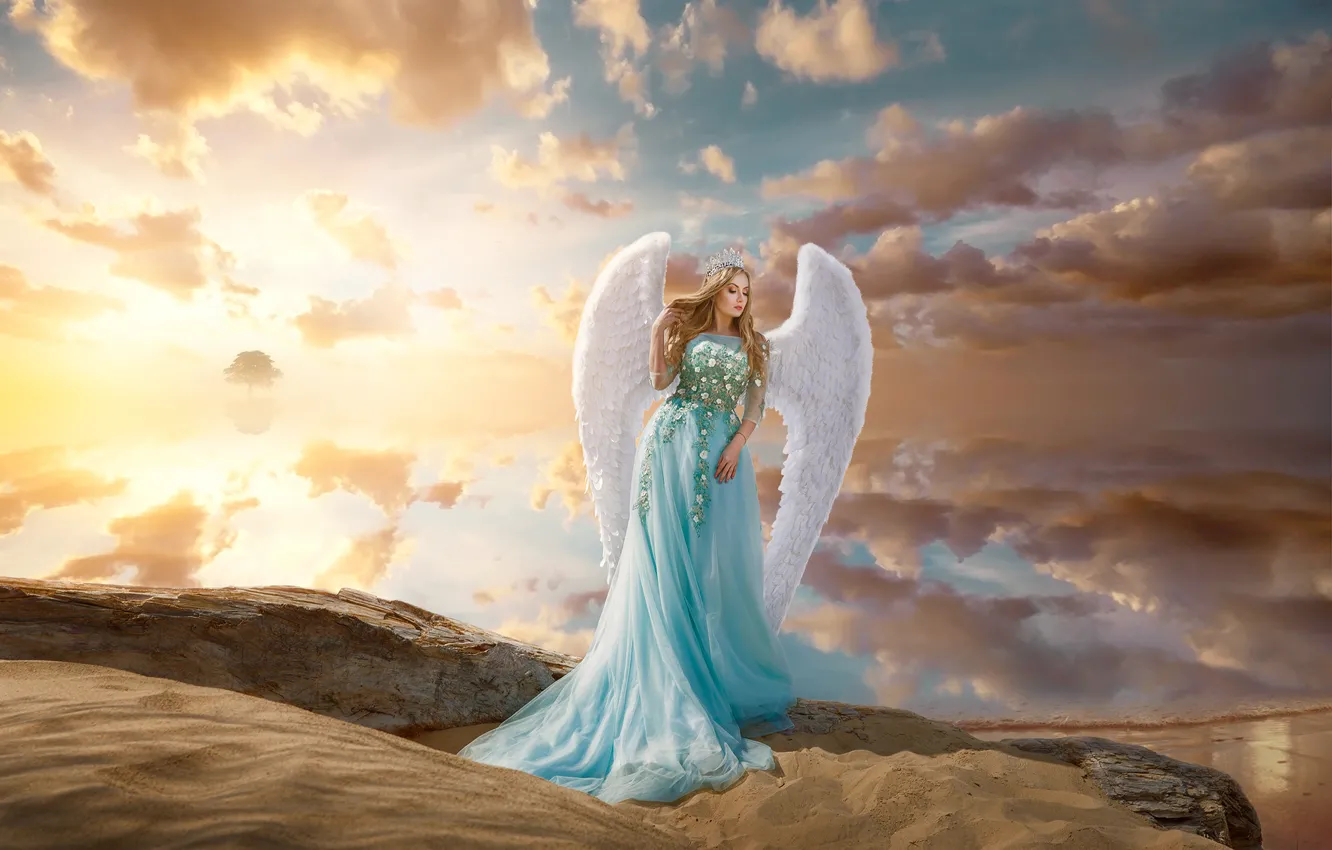 Photo wallpaper sand, girl, clouds, pose, style, mood, wings, angel