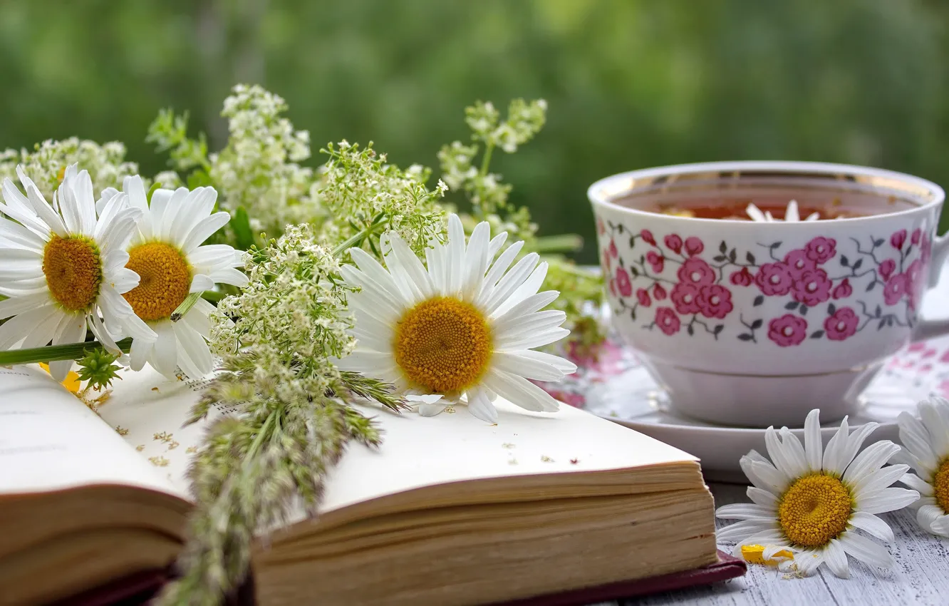 Photo wallpaper tea, chamomile, mug, book, composition